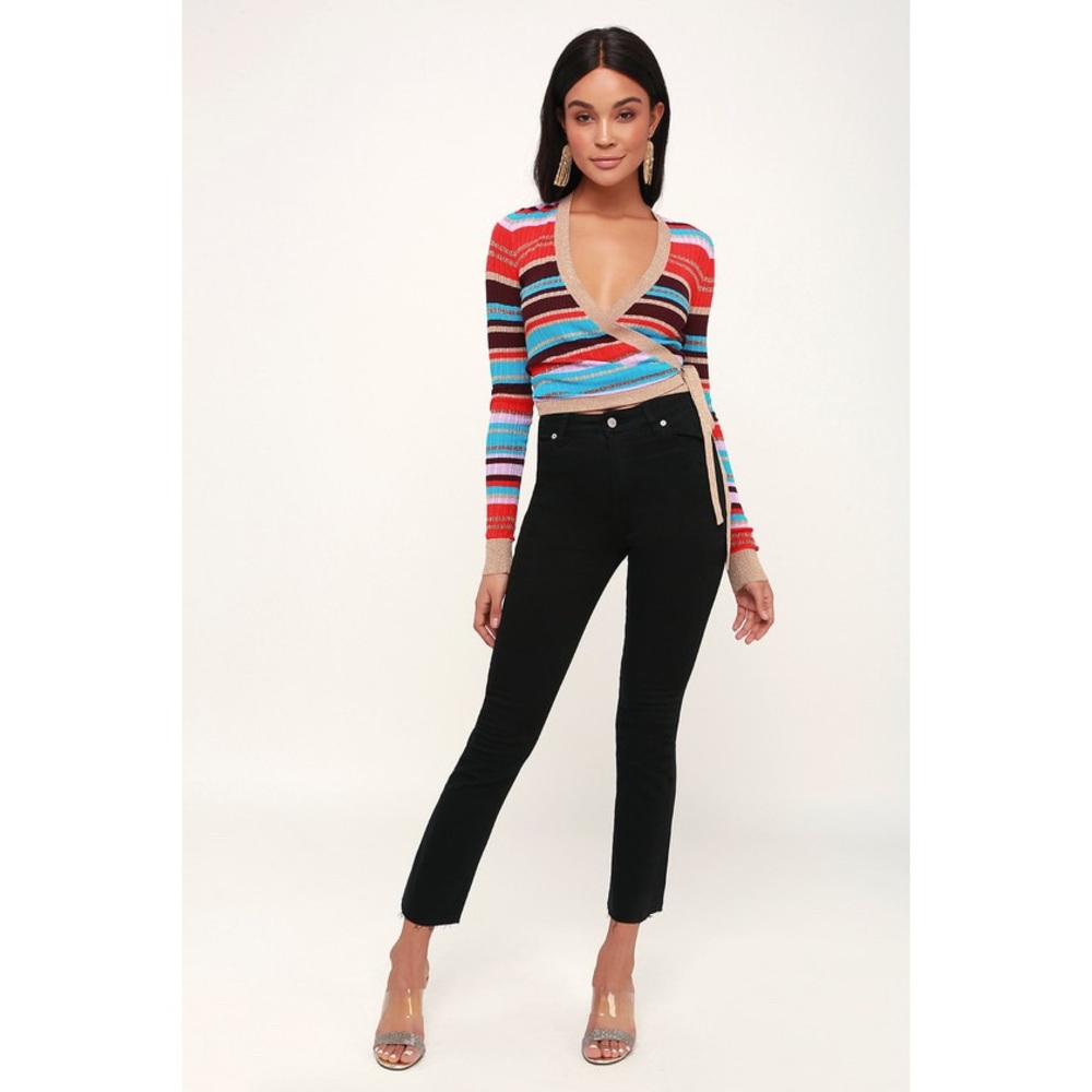 Red Multi Striped Wrap Long Sleeve Sweater Top - Picture 3 of 4